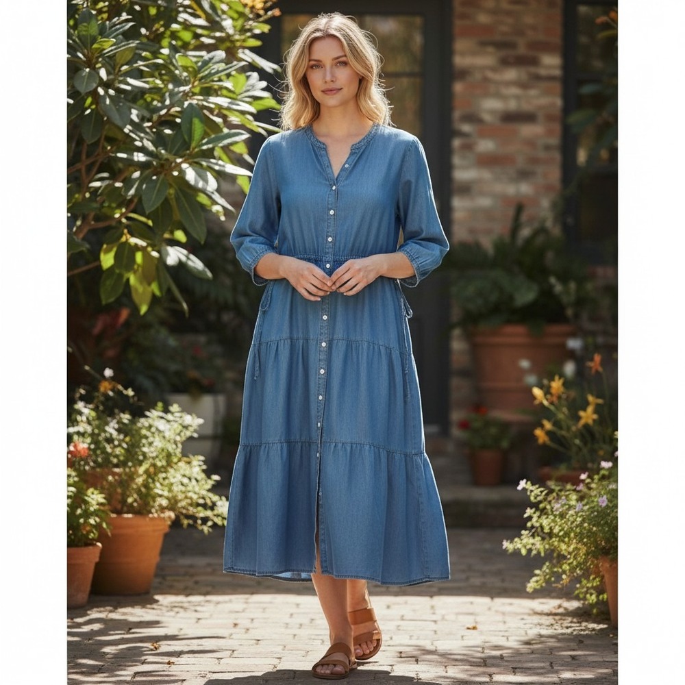 Levis Womens Tiered Denim Midi Dress Blue Chambray Button Front XL
